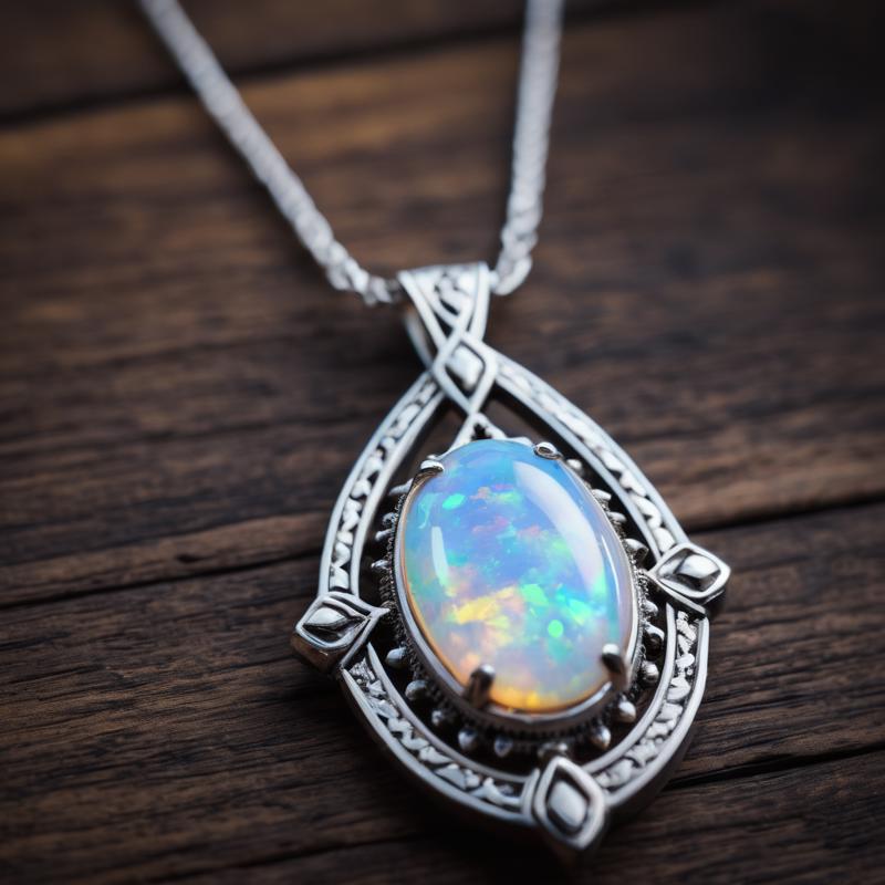 00366-A beautiful opal silver necklace on a polished wooden table, cinematic, award winning photograph, intricate detail.png